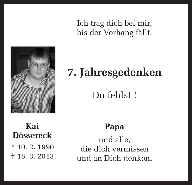  Traueranzeige für Kai Dössereck vom 18.03.2020 aus Ruhr Nachrichten