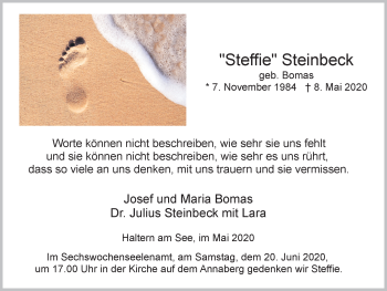 Traueranzeige von Steffie Steinbeck von Ruhr Nachrichten und Halterner Zeitung