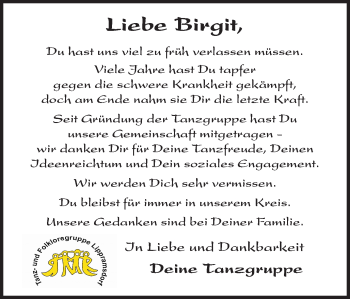 Traueranzeige von Birgit Schonebeck von Ruhr Nachrichten und Halterner Zeitung