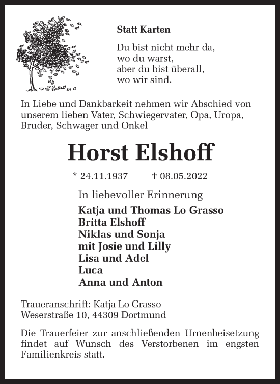 Traueranzeige von Horst Elshoff 