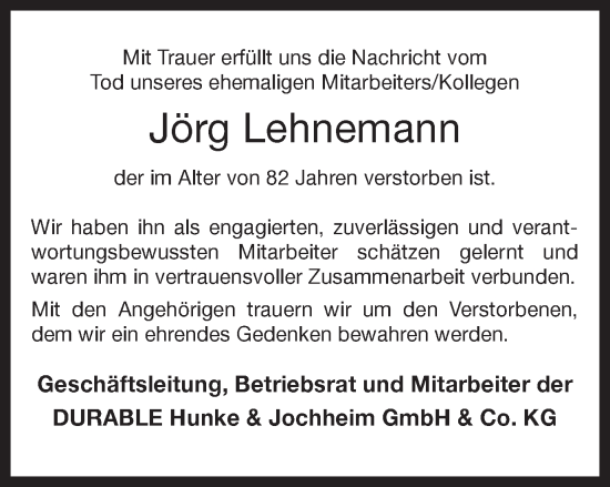 Traueranzeige von Jörg Lehnemann von Hellweger Anzeiger