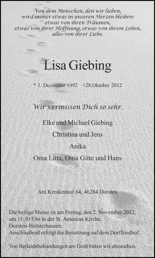  Traueranzeige für Lisa Giebing vom 30.10.2012 aus Ruhr Nachrichten und Dorstener Zeitung
