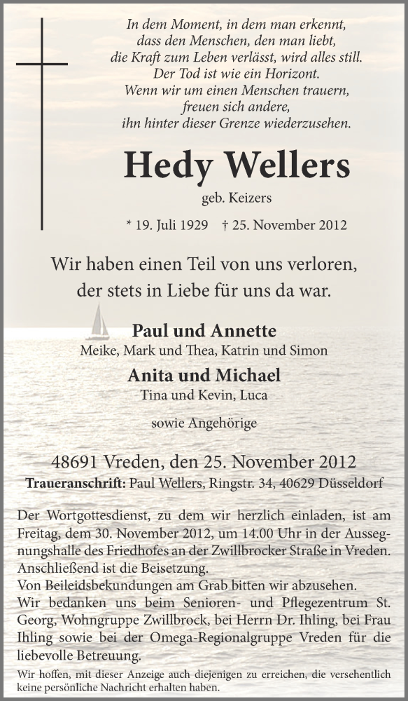  Traueranzeige für Hedy Wellers vom 27.11.2012 aus Münstersche Zeitung und Münsterland Zeitung