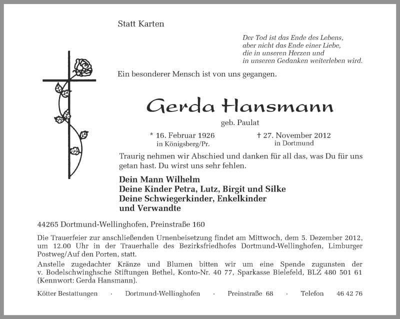  Traueranzeige für Gerda Hansmann vom 01.12.2012 aus Ruhr Nachrichten