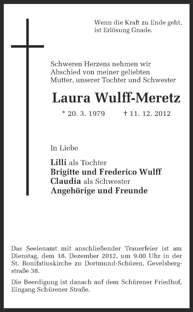  Traueranzeige für Laura Wulff-Meretz vom 14.12.2012 aus Ruhr Nachrichten