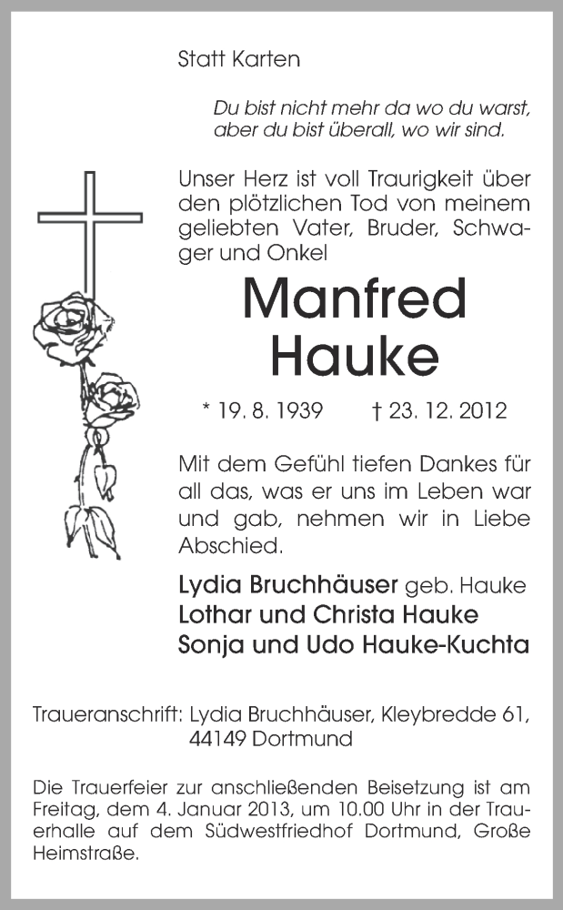  Traueranzeige für Manfred Hauke vom 02.01.2013 aus Ruhr Nachrichten