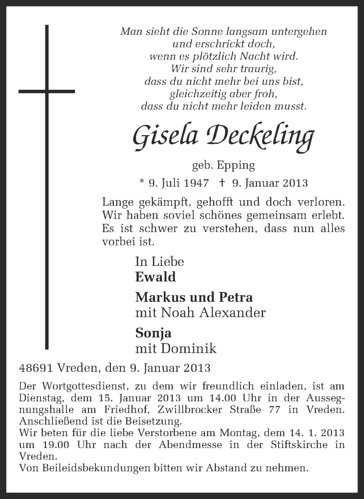 Traueranzeige für Gisela Deckeling vom 12.01.2013 aus Münstersche Zeitung und Münsterland Zeitung