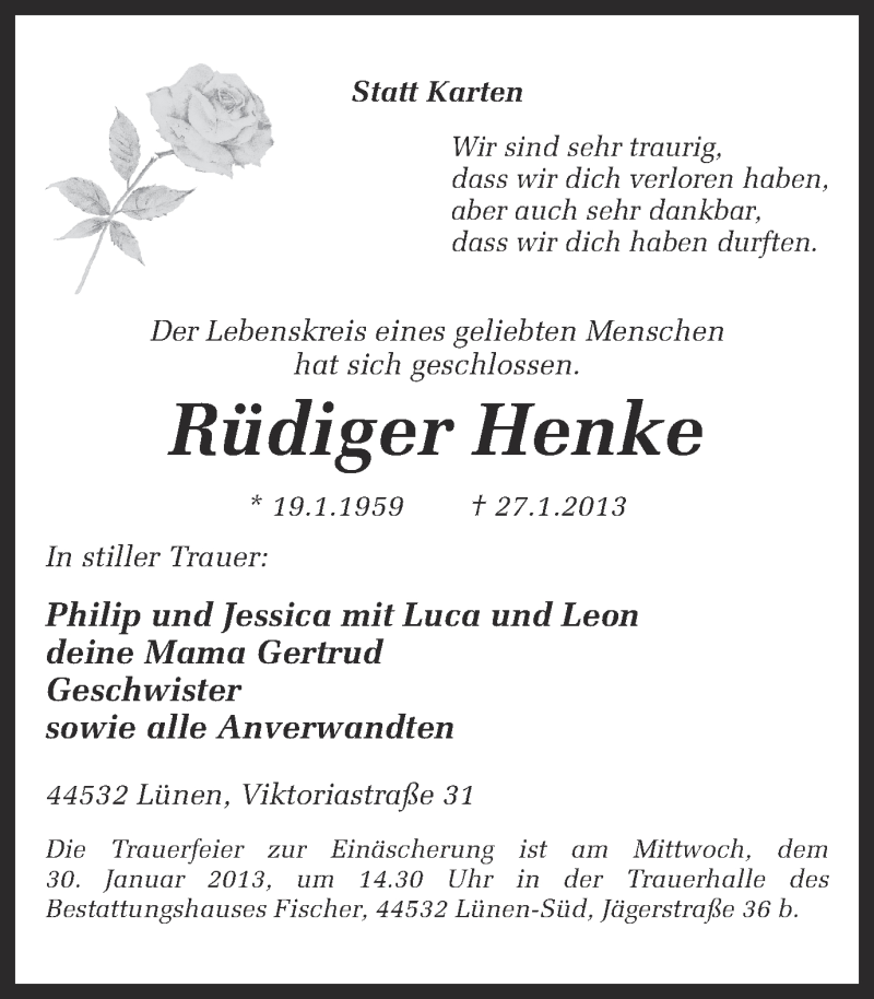  Traueranzeige für Rüdiger Henke vom 29.01.2013 aus Ruhr Nachrichten