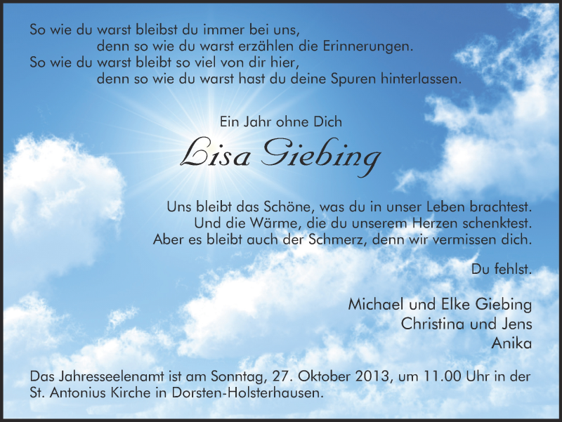  Traueranzeige für Lisa Giebing vom 23.10.2013 aus Ruhr Nachrichten und Dorstener Zeitung