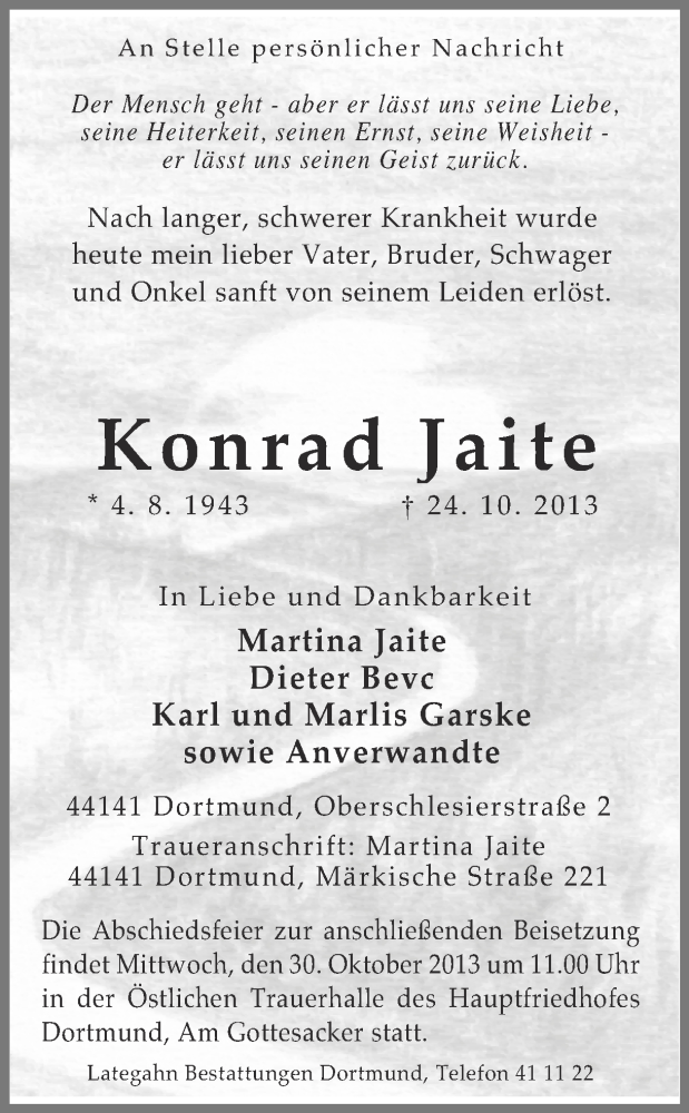 Traueranzeige für Konrad Jaite vom 26.10.2013 aus Ruhr Nachrichten