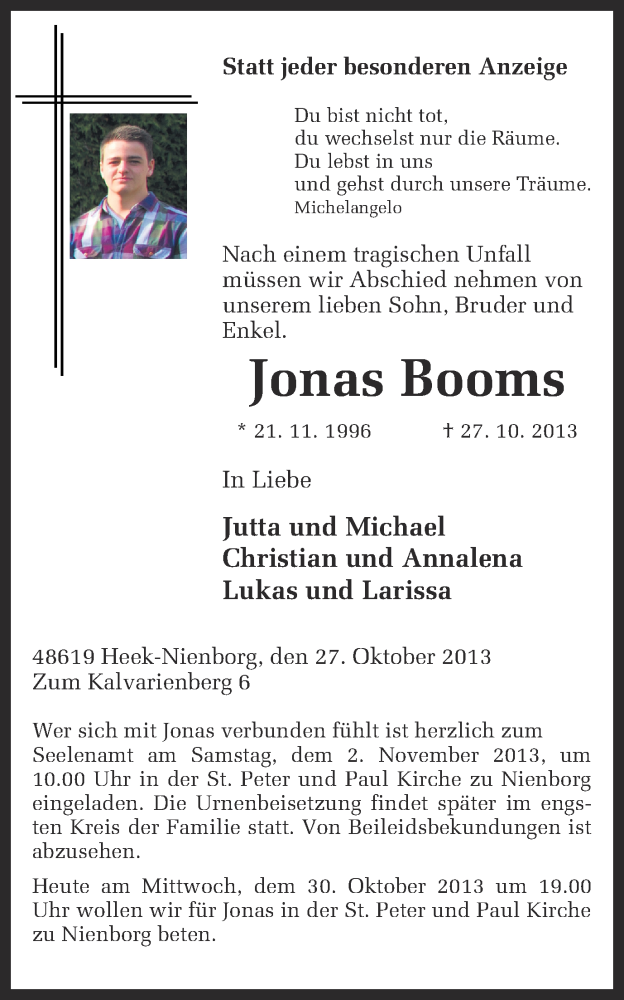  Traueranzeige für Jonas Booms vom 30.10.2013 aus 
