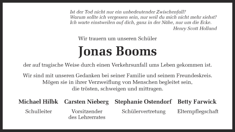  Traueranzeige für Jonas Booms vom 06.11.2013 aus Münstersche Zeitung und Münsterland Zeitung