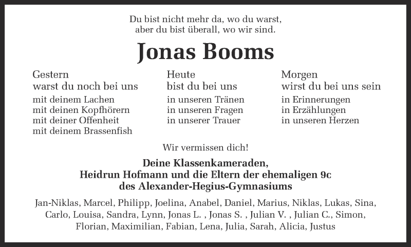  Traueranzeige für Jonas Booms vom 06.11.2013 aus Münstersche Zeitung und Münsterland Zeitung