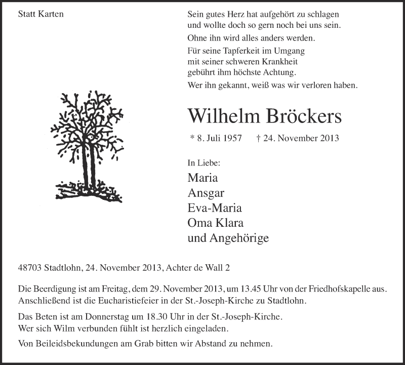  Traueranzeige für Wilhelm Bröckers vom 27.11.2013 aus Münstersche Zeitung und Münsterland Zeitung