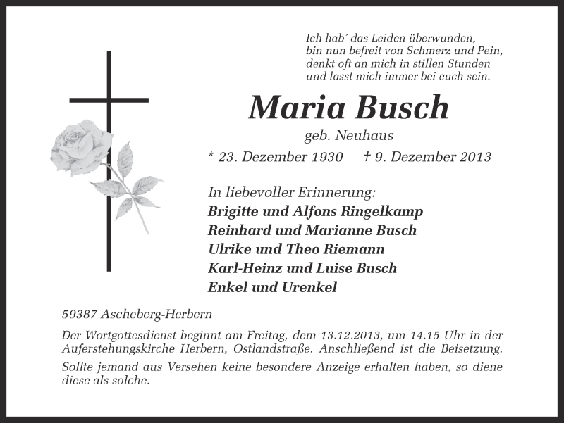  Traueranzeige für Maria Busch vom 11.12.2013 aus Ruhr Nachrichten