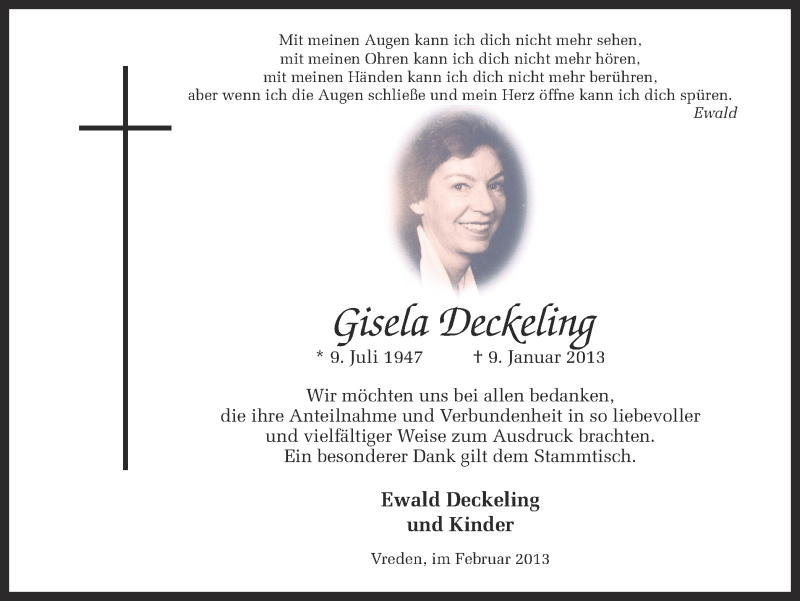  Traueranzeige für Gisela Deckeling vom 23.02.2013 aus Münstersche Zeitung und Münsterland Zeitung