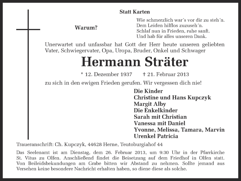  Traueranzeige für Hermann Sträter vom 23.02.2013 aus Ruhr Nachrichten