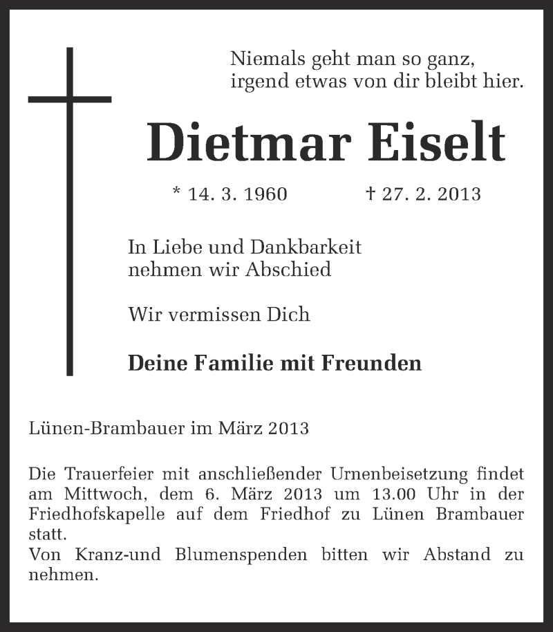  Traueranzeige für Dietmar Eiselt vom 02.03.2013 aus Ruhr Nachrichten