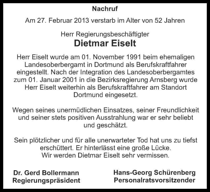  Traueranzeige für Dietmar Eiselt vom 08.03.2013 aus Ruhr Nachrichten