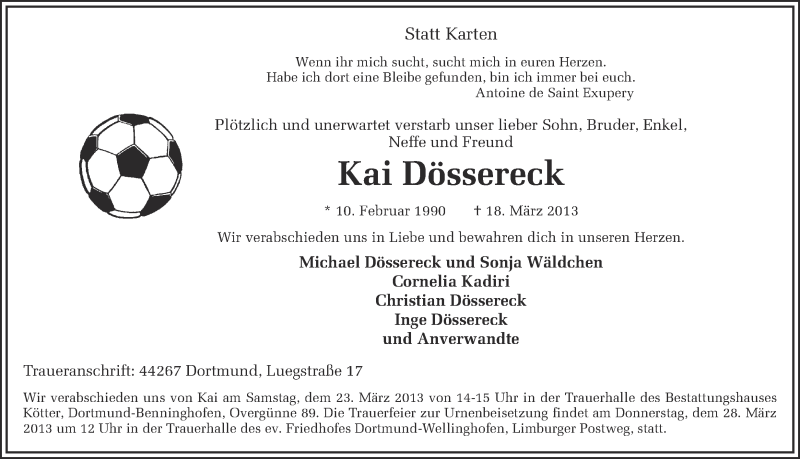  Traueranzeige für Kai Dössereck vom 22.03.2013 aus Ruhr Nachrichten