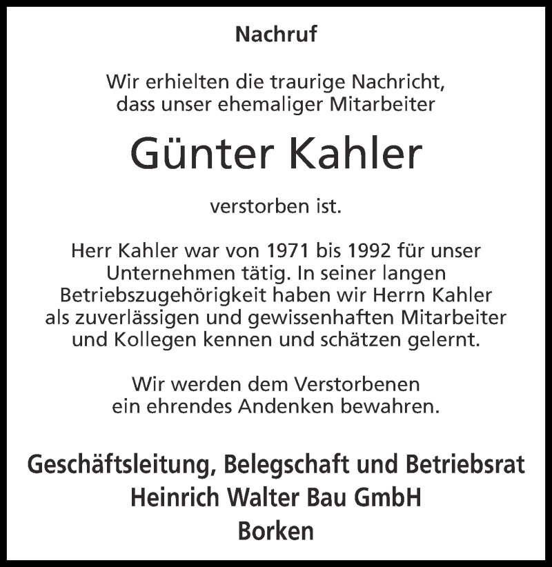  Traueranzeige für Günter Kahler vom 27.03.2013 aus Münstersche Zeitung und Münsterland Zeitung