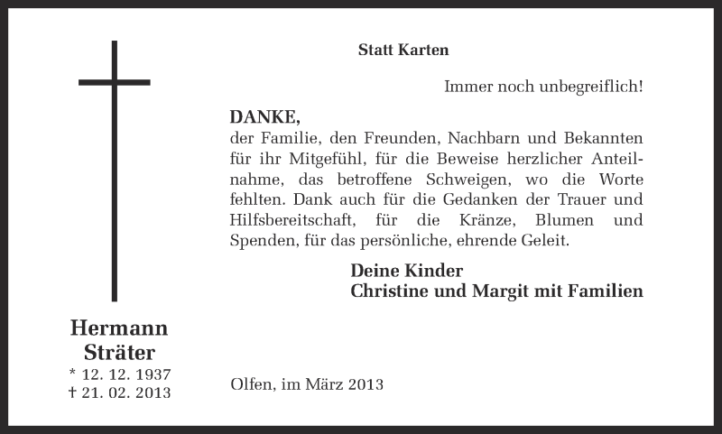  Traueranzeige für Hermann Sträter vom 30.03.2013 aus Ruhr Nachrichten