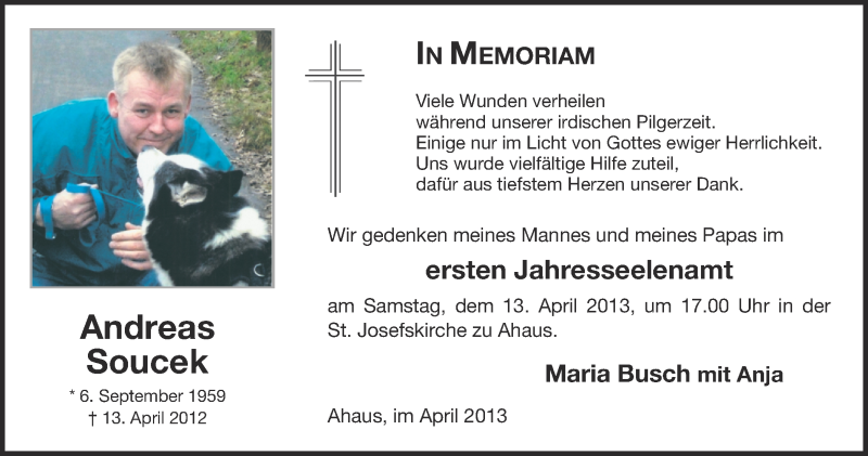  Traueranzeige für Andreas Soucek vom 10.04.2013 aus Münstersche Zeitung und Münsterland Zeitung