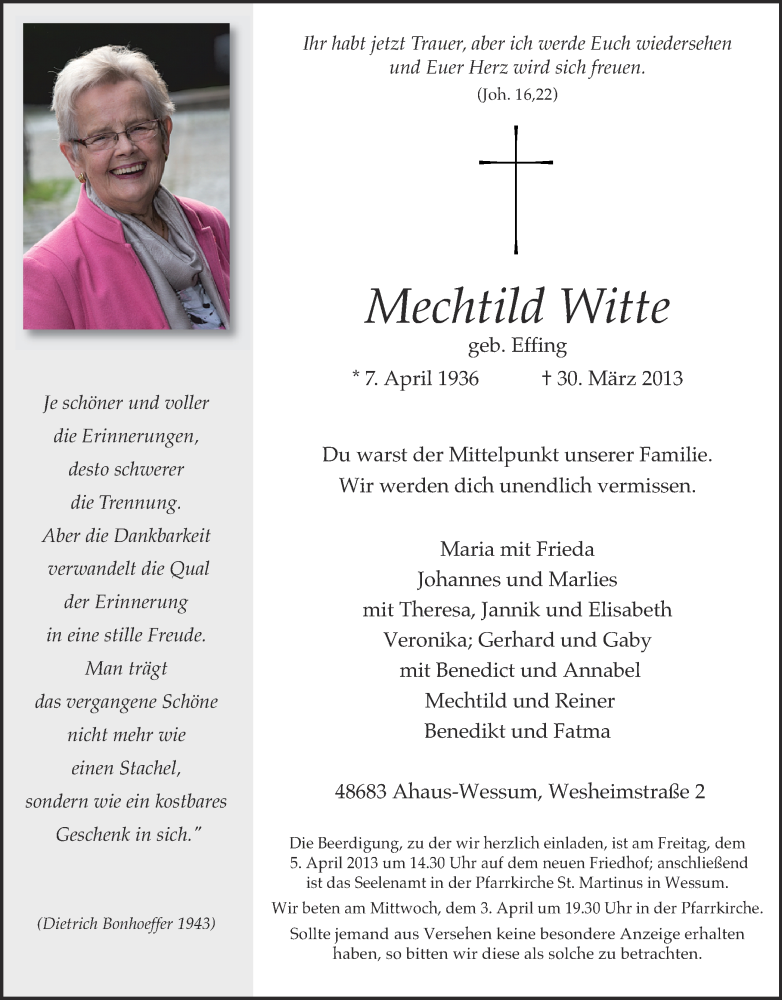  Traueranzeige für Mechtild Witte vom 02.04.2013 aus Münstersche Zeitung und Münsterland Zeitung