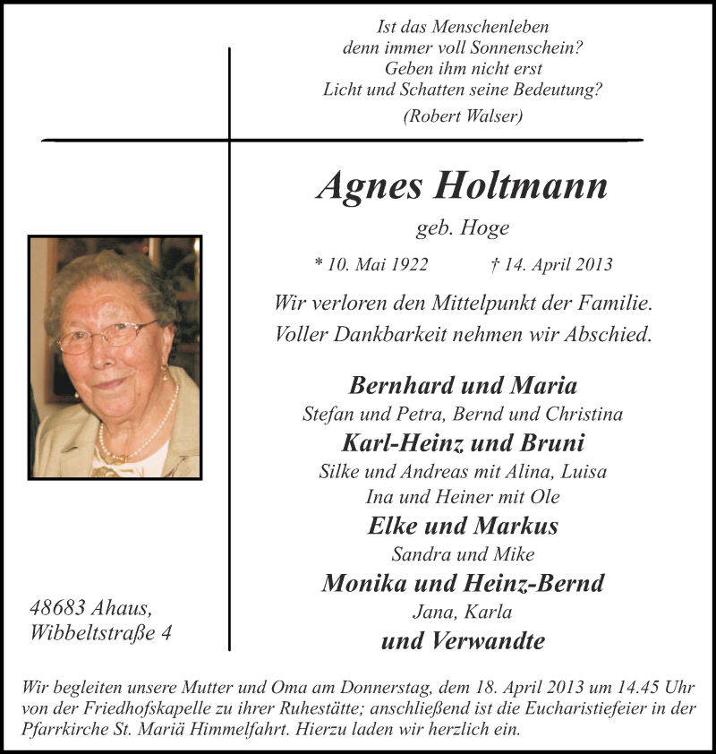 Traueranzeige für Agnes Holtmann vom 16.04.2013 aus Münstersche Zeitung und Münsterland Zeitung