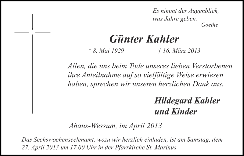  Traueranzeige für Günter Kahler vom 24.04.2013 aus Münstersche Zeitung und Münsterland Zeitung