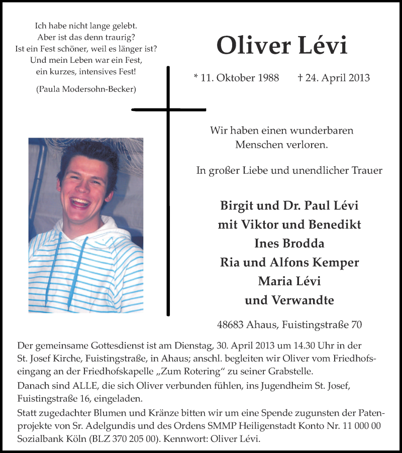  Traueranzeige für Oliver Levi vom 27.04.2013 aus Münstersche Zeitung und Münsterland Zeitung