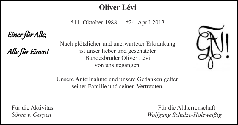  Traueranzeige für Oliver Levi vom 29.04.2013 aus Münstersche Zeitung und Münsterland Zeitung