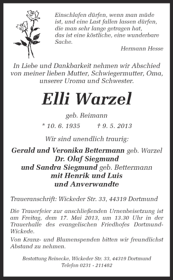 Traueranzeige von Elli Warzel von Ruhr Nachrichten