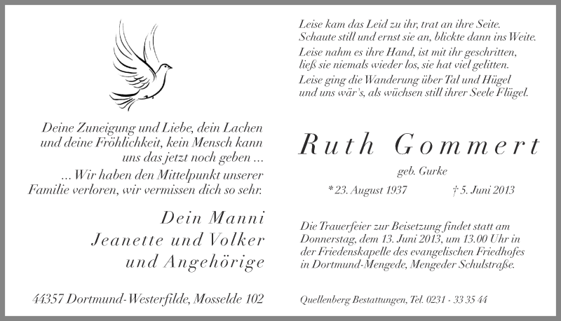  Traueranzeige für Ruth Gommert vom 07.06.2013 aus Ruhr Nachrichten