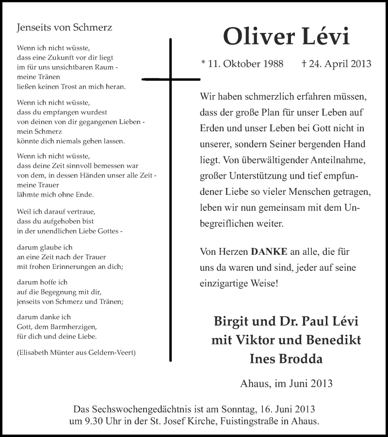  Traueranzeige für Oliver Levi vom 12.06.2013 aus Münstersche Zeitung und Münsterland Zeitung