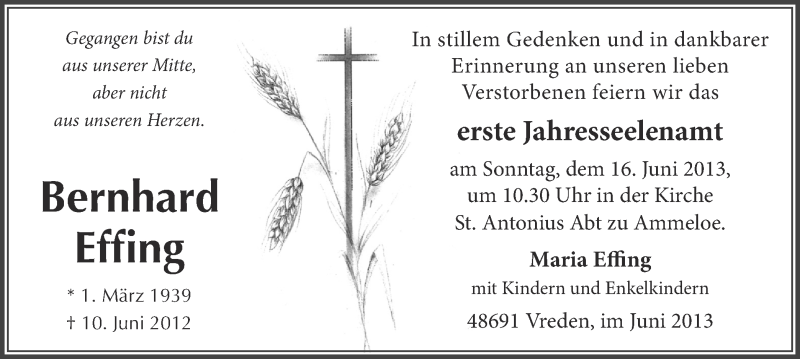  Traueranzeige für Bernhard Effing vom 12.06.2013 aus Münstersche Zeitung und Münsterland Zeitung