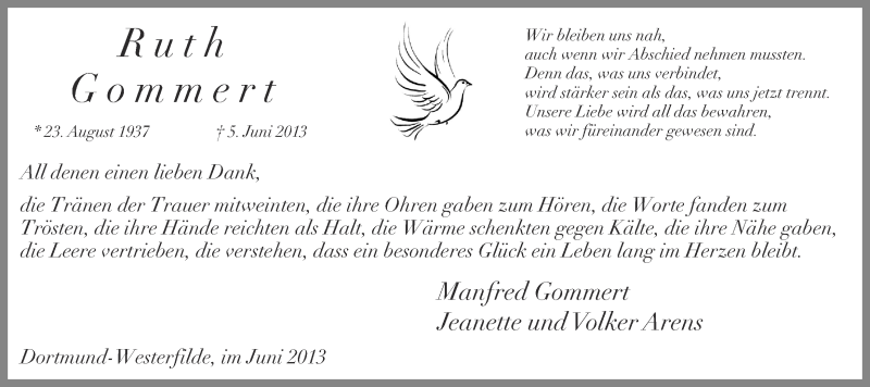  Traueranzeige für Ruth Gommert vom 22.06.2013 aus Ruhr Nachrichten