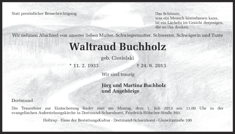  Traueranzeige für Waltraud Buchholz vom 27.06.2013 aus Ruhr Nachrichten