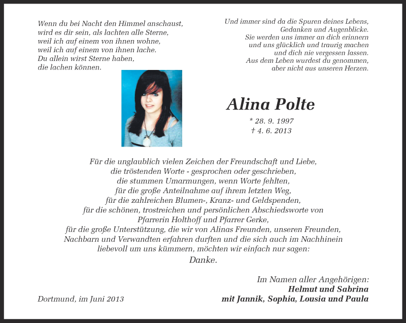  Traueranzeige für Alina Polte vom 29.06.2013 aus Ruhr Nachrichten