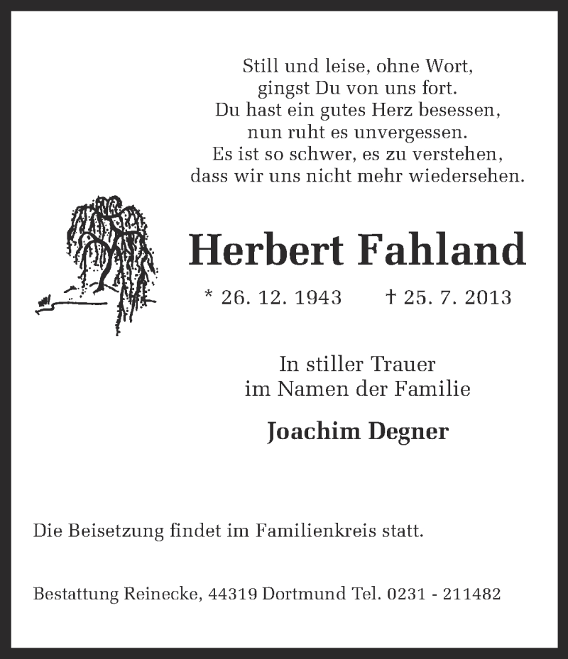  Traueranzeige für Herbert Fahland vom 31.07.2013 aus Ruhr Nachrichten