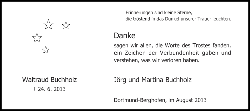  Traueranzeige für Waltraud Buchholz vom 10.08.2013 aus Ruhr Nachrichten