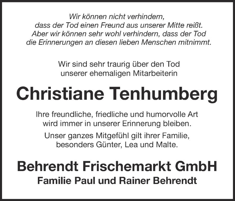  Traueranzeige für Christiane Tenhumberg vom 21.09.2013 aus Münstersche Zeitung und Münsterland Zeitung