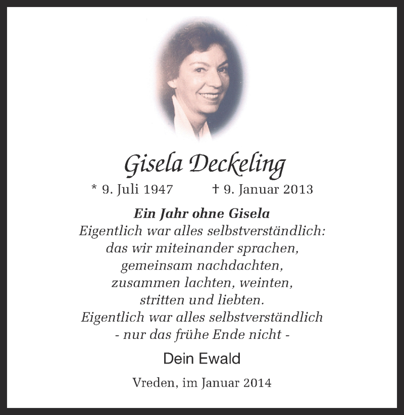 Traueranzeige für Gisela Deckeling vom 09.01.2014 aus Münstersche Zeitung und Münsterland Zeitung