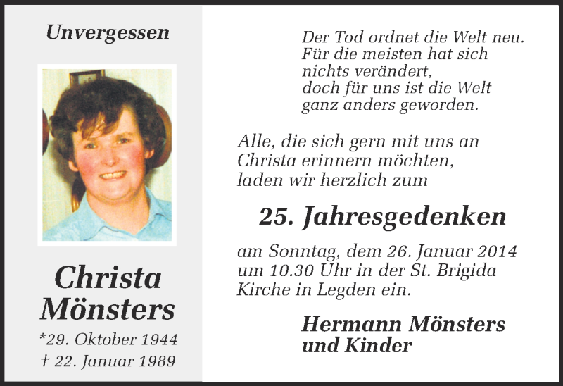  Traueranzeige für Christa Mönsters vom 22.01.2014 aus Münstersche Zeitung und Münsterland Zeitung