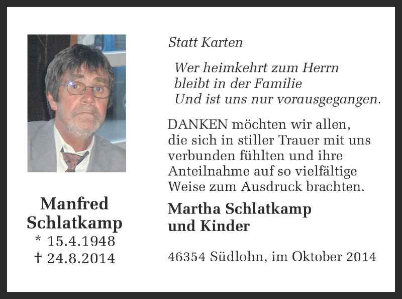 Traueranzeige für Manfred Schlatkamp vom 04.10.2014 aus Münstersche Zeitung und Münsterland Zeitung