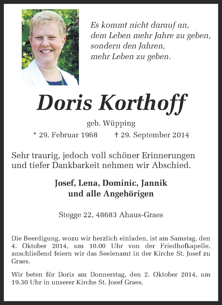  Traueranzeige für Doris Korthoff vom 01.10.2014 aus Münstersche Zeitung und Münsterland Zeitung
