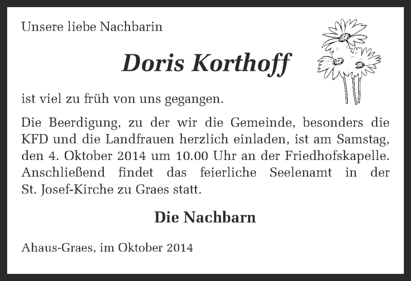  Traueranzeige für Doris Korthoff vom 02.10.2014 aus Münstersche Zeitung und Münsterland Zeitung