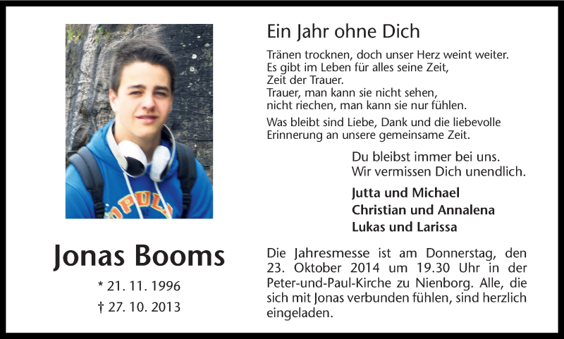  Traueranzeige für Jonas Booms vom 20.10.2014 aus Münstersche Zeitung und Münsterland Zeitung