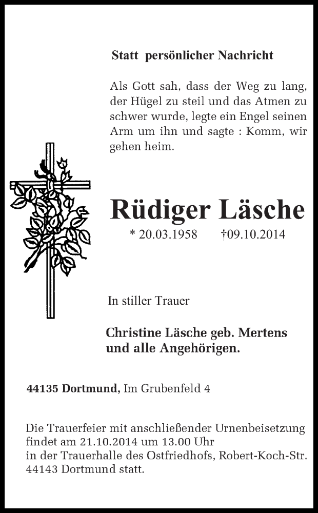  Traueranzeige für Rüdiger Läsche vom 16.10.2014 aus Ruhr Nachrichten