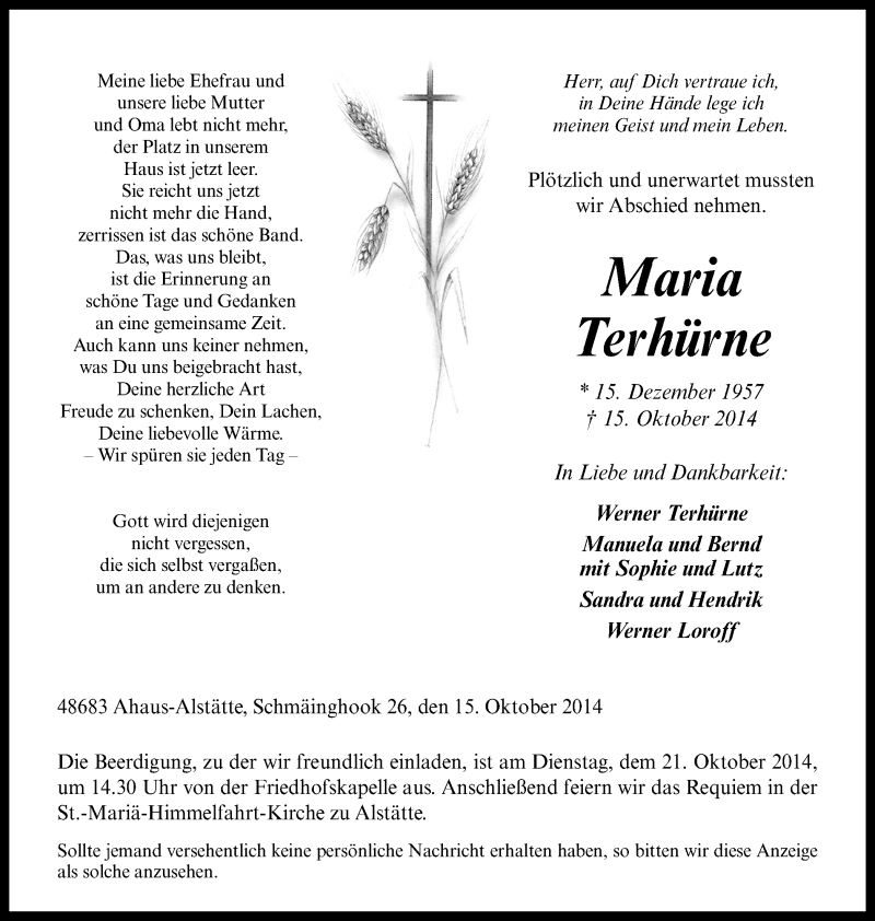  Traueranzeige für Maria Terhürne vom 18.10.2014 aus Münstersche Zeitung und Münsterland Zeitung